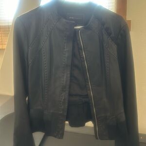 BCBG Maxazria Black Authentic  Leather Jacket Size Small Ruffle trim zipper